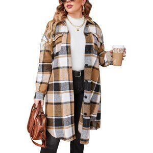 Chic Womens Plus Size Flannel Button Down Jacket with Side Pockets - Stylish